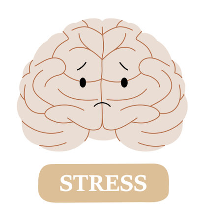 Brain With Sad Expression In Flat Vector Illustration Symbolizing Stress, Mental Health Issues, And Emotional Overload, Isolated On White Backgroundのイラスト素材
