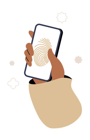 Hand Holding Smartphone With Fingerprint Scanner In Flat Vector Illustration Symbolizing Biometric Security, Mobile Authentication, And Digital Access, Isolated On White Backgroundのイラスト素材
