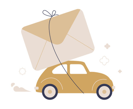 Car Carrying Large Envelope In Flat Vector Illustration Symbolizing Mail Delivery, Postal Service, And Express Shipping, Isolated On White Background.のイラスト素材