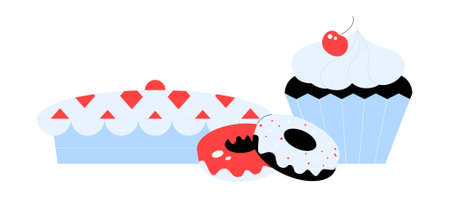 Assorted Desserts Including Cupcake, Pie, and Cookies in Flat Vector Illustration Symbolizing Baking, Patisserie, Sweet Treats, and Confectionery, Isolated on White Backgroundのイラスト素材