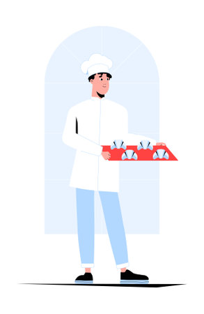 Male Pastry Chef Holding a Tray of Cupcakes in Flat Vector Illustration Symbolizing Bakery, Dessert Preparation, and Culinary Arts, Isolated on White Backgroundのイラスト素材