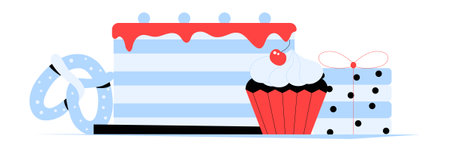 Assorted Baked Goods Including Cake, Cupcake, And Pretzel In Flat Vector Illustration Symbolizing Pastry, Dessert, And Sweet Treats, Isolated On White Background.のイラスト素材