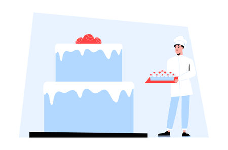 Pastry Chef Holding a Tray of Desserts Near a Large Cake in Flat Vector Illustration Symbolizing Baking, Patisserie, Culinary Art, and Sweet Treats, Isolated on White Backgroundのイラスト素材