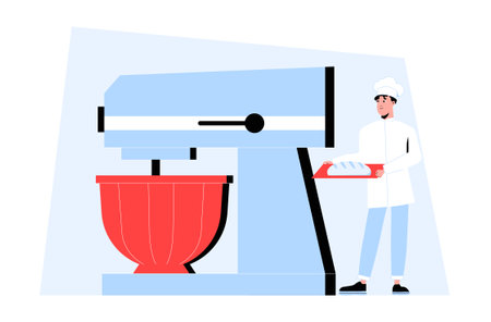 Male Pastry Chef with Large Stand Mixer in Flat Vector Illustration Symbolizing Baking, Professional Kitchen Equipment, and Dough Preparation, Isolated on White Backgroundのイラスト素材