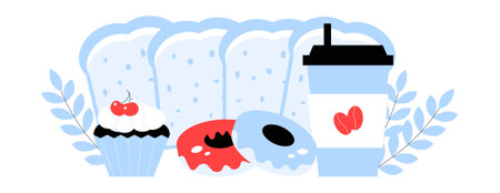 Assorted Breakfast Pastries with Coffee Cup in Flat Vector Illustration Symbolizing Bakery, Morning Snacks, Cafe Treats, and Sweet Pastries, Isolated on White Backgroundのイラスト素材