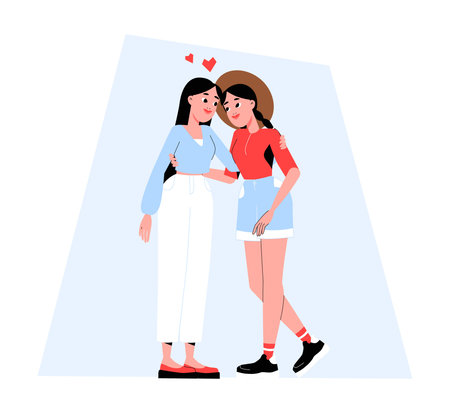 Two Women In A Relationship In Flat Vector Illustration Symbolizing LGBTQ Plus Love, Affection, And Equality, Isolated On White Backgroundのイラスト素材