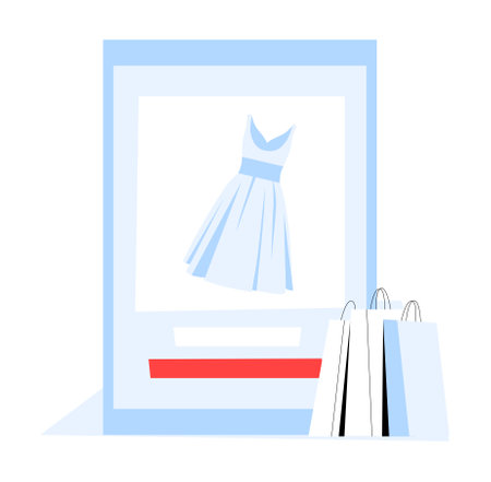 Online Clothing Store Display With Shopping Bags In Flat Vector Illustration Symbolizing E Commerce, Fashion Retail, And Digital Shopping, Isolated On White Backgroundのイラスト素材