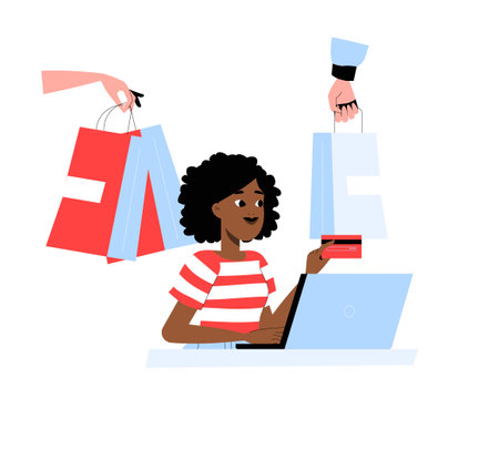Woman Shopping Online With Credit Card And Receiving Packages In Flat Vector Illustration Symbolizing E Commerce, Digital Shopping, And Convenient Online Retail, Isolated On White Backgroundのイラスト素材