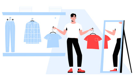 Man Choosing Clothes In A Store In Flat Vector Illustration Symbolizing Fashion Retail, Shopping Experience, And Consumer Decision-Making, Isolated On White Backgroundのイラスト素材