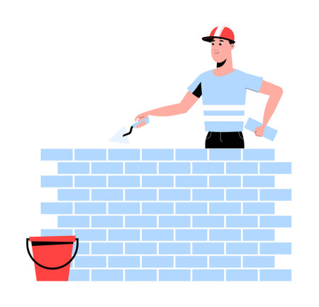 Male Bricklayer Constructing a Wall in Flat Vector Illustration Symbolizing Construction, Manual Labor, and Skilled Trade, Isolated on White Backgroundのイラスト素材