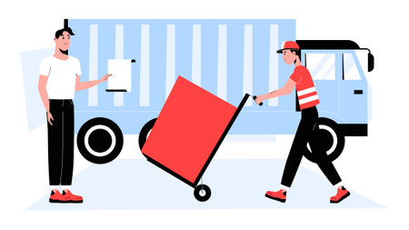 Logistics Workers Handling Cargo In Flat Vector Illustration Symbolizing Delivery Service, Transportation, And Supply Chain Management, Isolated On White Background.のイラスト素材