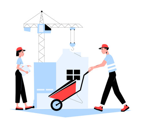 Male And Female Construction Workers Transporting Materials In Flat Vector Illustration Symbolizing Building Industry, Infrastructure Development, And Teamwork, Isolated On White Background.のイラスト素材