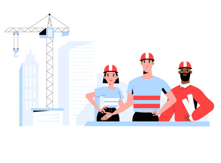 Team Of Construction Engineers In Flat Vector Illustration Symbolizing Project Management, Infrastructure Development, And Teamwork, Isolated On White Backgroundのイラスト素材