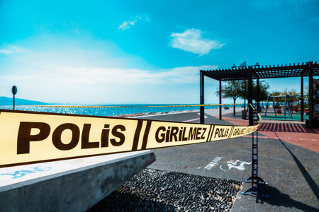 Izmir, Karsiyaka / Turkey - 04.08.2020: police warning tape used to not enter parks for covid 19...