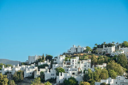Traditional Bodrum houses view and wonderful blue skyの写真素材