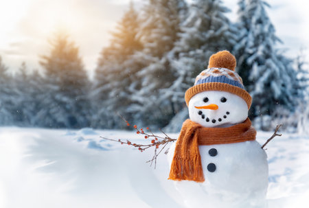 Happy and cute snowman. Merry Christmas and happy New Year greeting card with copy-space. Winter fairytale. Festive winter seasonの素材