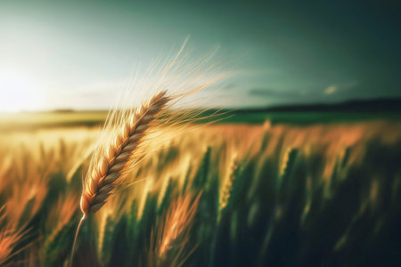 Close up wheat, harvest, virgo, ear of wheat plants in the field nice landscape background, generative aiの素材