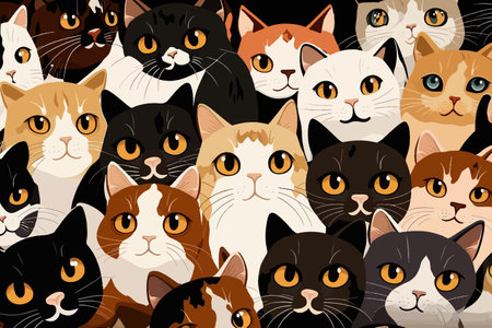 A large group of cats with different colors. Cartoon cat characters seamless pattern.のイラスト素材