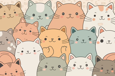 A large group of cats with different colors. Cartoon cat characters seamless pattern.のイラスト素材