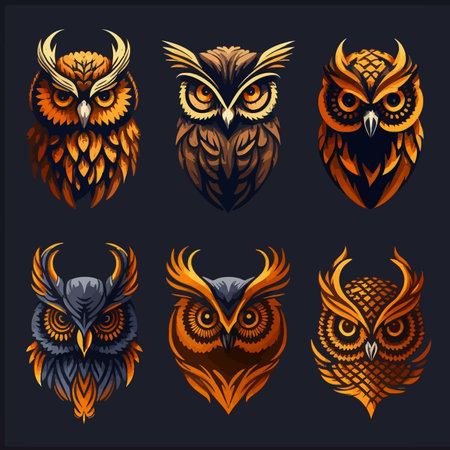 Owl vector illustration. Collection of stylized owls isolated on dark background.のイラスト素材
