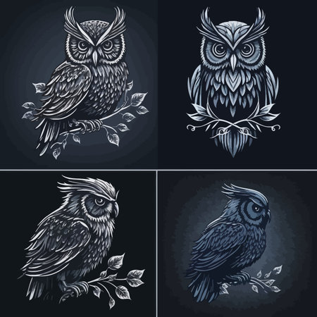 Owl. Set of vector illustrations in engraving style.のイラスト素材