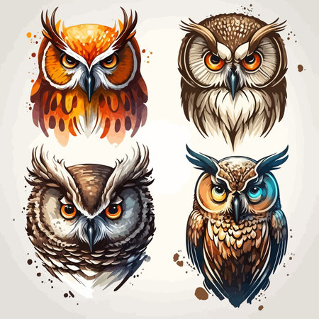 Owl head vector illustration set isolated on white background. Tattoo design.のイラスト素材