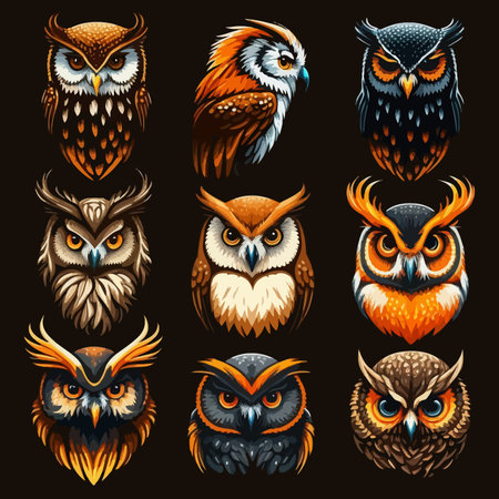 Owls set, vector illustration, isolated on black background.のイラスト素材