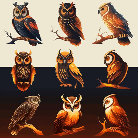 Set of vector illustrations of owls in different poses and attitudes.のイラスト素材