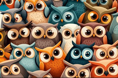 Seamless pattern with cute cartoon owls. Vector illustration.のイラスト素材