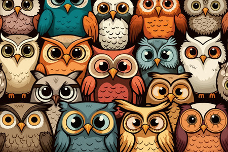 Seamless pattern with funny cartoon owls. Vector illustration.のイラスト素材