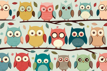 Seamless pattern with cute owls on branches. Vector illustrationのイラスト素材