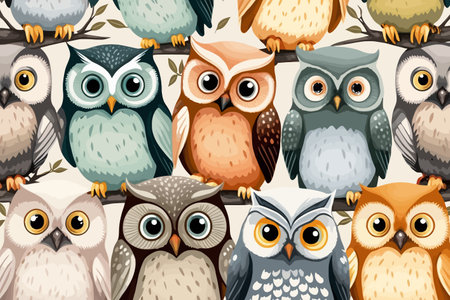Seamless pattern with cute cartoon owls on tree branches illustrationのイラスト素材