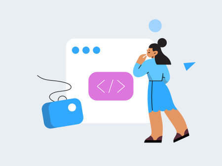 Vector illustration of a young woman in a blue dress with a smartphone in her hands. Flat style.のイラスト素材