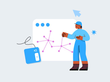 Man in blue overalls with mobile phone. Flat vector illustration.のイラスト素材