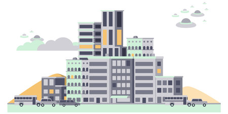 Cityscape with modern buildings. Vector illustration in flat cartoon style.のイラスト素材