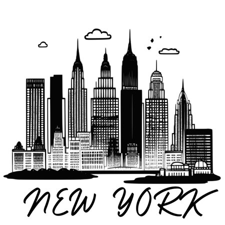 New York City Skyline Silhouette, Hand Drawn Vector Illustrationのイラスト素材