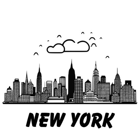 New York City skyline black and white silhouette. Hand drawn vector illustration.のイラスト素材