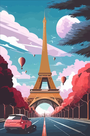 Eiffel tower in Paris, France. Vector illustration in flat styleのイラスト素材