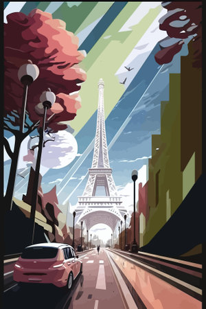 Eiffel tower in Paris, France. Vector illustration of a street scene.のイラスト素材