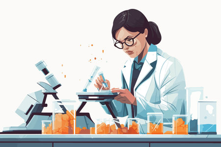 Scientist working with microscope and test tubes in laboratory flat vector illustrationのイラスト素材
