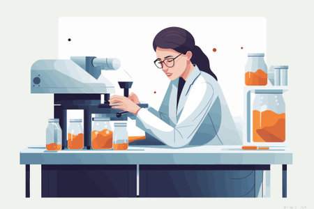 Scientist woman working in laboratory. Vector illustration in flat cartoon styleのイラスト素材