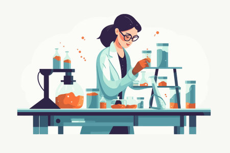 Scientist woman working in laboratory. Chemical experiment. Vector flat illustrationのイラスト素材