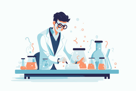 Scientist working in laboratory. Chemical experiments. Vector illustration in flat styleのイラスト素材