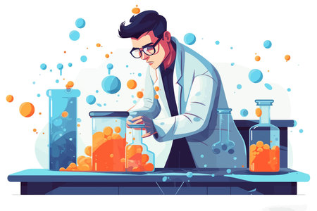 Scientist working in laboratory. Chemist in lab coat and glasses making chemical experiment with test tubes. Vector illustration in cartoon styleのイラスト素材