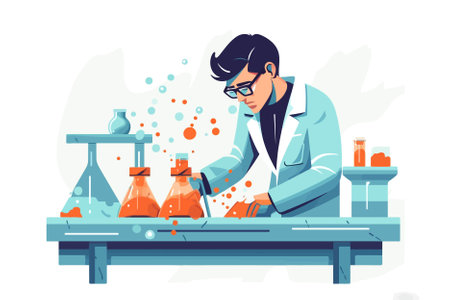 Scientist in lab coat and glasses working on chemical experiment. Vector illustration in flat styleのイラスト素材