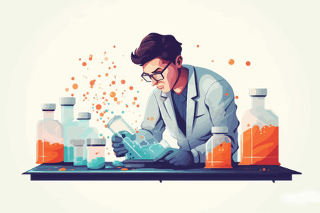Scientist in lab coat and glasses working on chemical experiment. Vector illustration.のイラスト素材