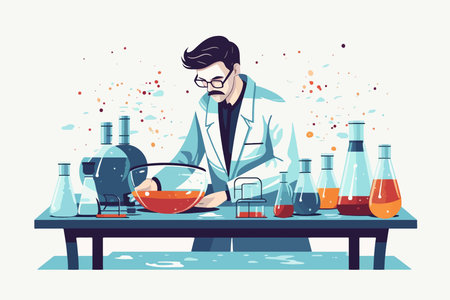 Scientist in lab coat and glasses working with chemicals in laboratory. Vector flat illustration