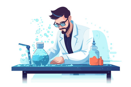 Scientist in lab coat and glasses working with chemical liquid. Vector illustration in cartoon styleのイラスト素材