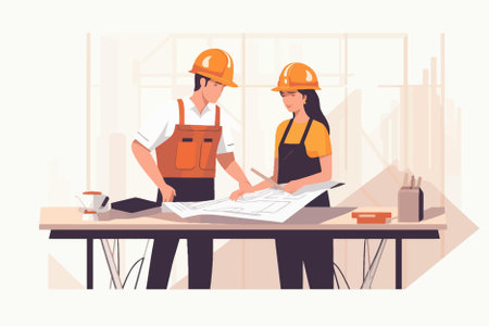 Architect and engineer working in office. Man and woman in hardhats and helmets. Vector illustrationのイラスト素材