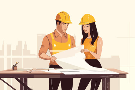 Architect and engineer working on blueprint. Vector illustration in flat styleのイラスト素材